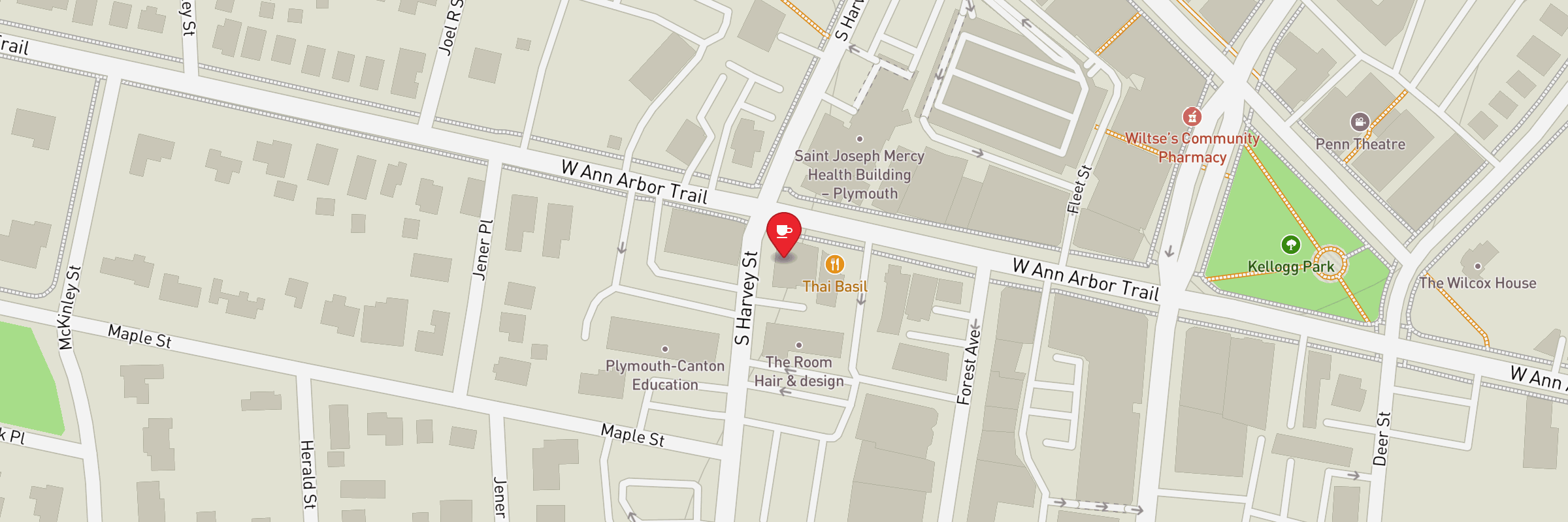Map showing Fourgrounds coffee shop location at 995 West Ann Arbor Trail, Plymouth, Michigan - Click for interactive map
